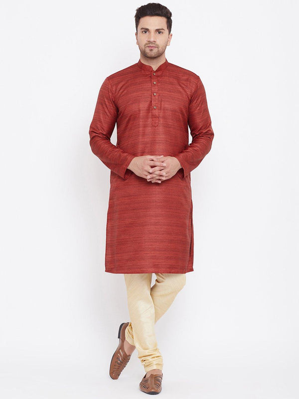 Men's Maroon And Gold Silk Blend Kurta Pyjama Set - Vastramay - Indiakreations