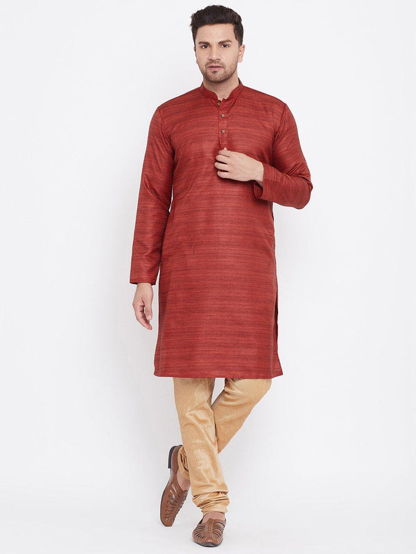 Men's Maroon And Rose Gold Silk Blend Kurta Pyjama Set - Vastramay - Indiakreations