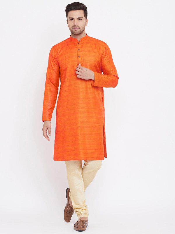 Men's Orange And Gold Silk Blend Kurta Pyjama Set - Vastramay - Indiakreations