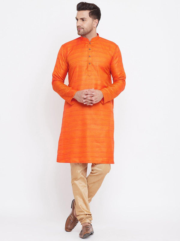 Men's Orange And Rose Gold Silk Blend Kurta Pyjama Set - Vastramay - Indiakreations