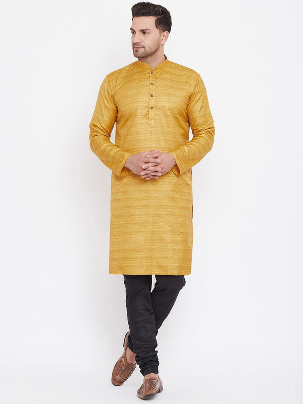 Men's Mustard And Black Silk Blend Kurta Pyjama Set - Vastramay - Indiakreations