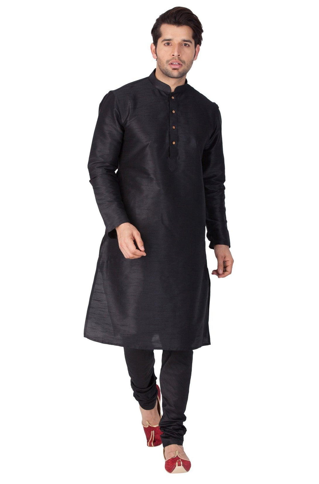 Men's Black Silk Blend Kurta and Pyjama Set - Vastramay - Indiakreations