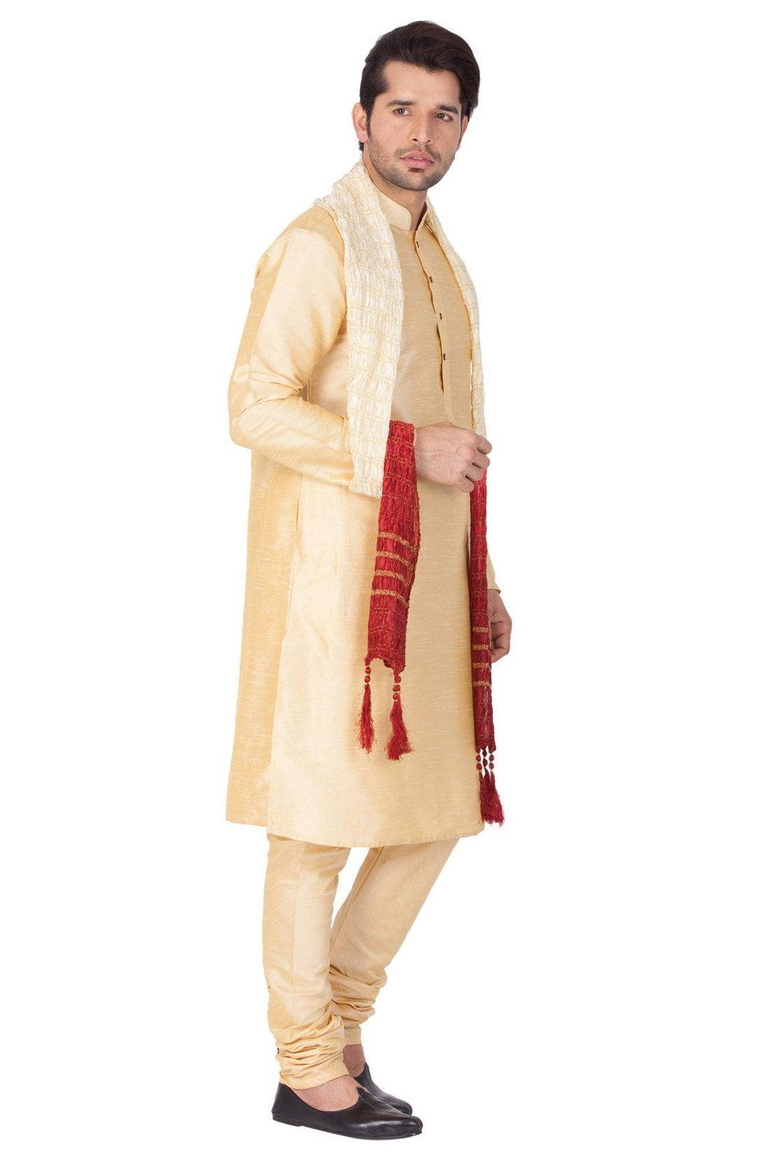 Men's Gold Silk Blend Kurta, Pyjama & Dupatta Set - Vastramay - Indiakreations