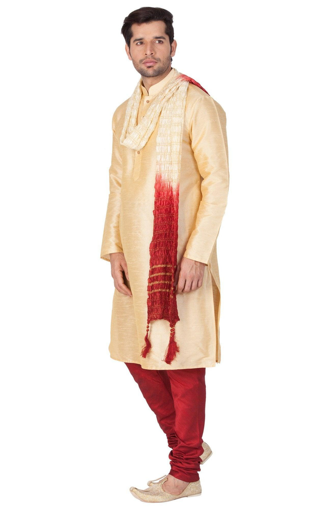 Men's Gold Silk Blend Kurta, Pyjama & Dupatta Set - Vastramay - Indiakreations