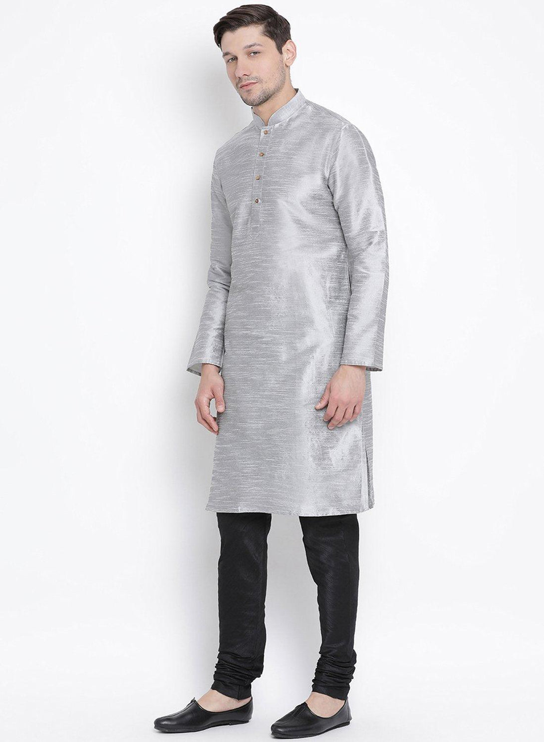 Men's Grey Silk Blend Kurta and Pyjama Set - Vastramay - Indiakreations