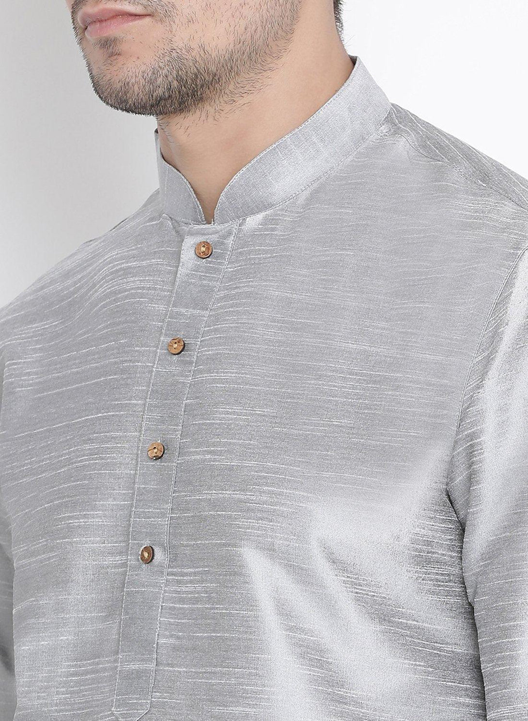 Men's Grey Silk Blend Kurta and Pyjama Set - Vastramay - Indiakreations