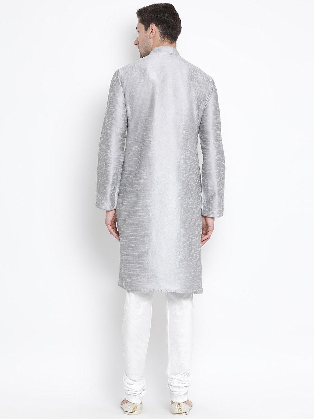 Men's Grey Silk Blend Kurta and Pyjama Set - Vastramay - Indiakreations