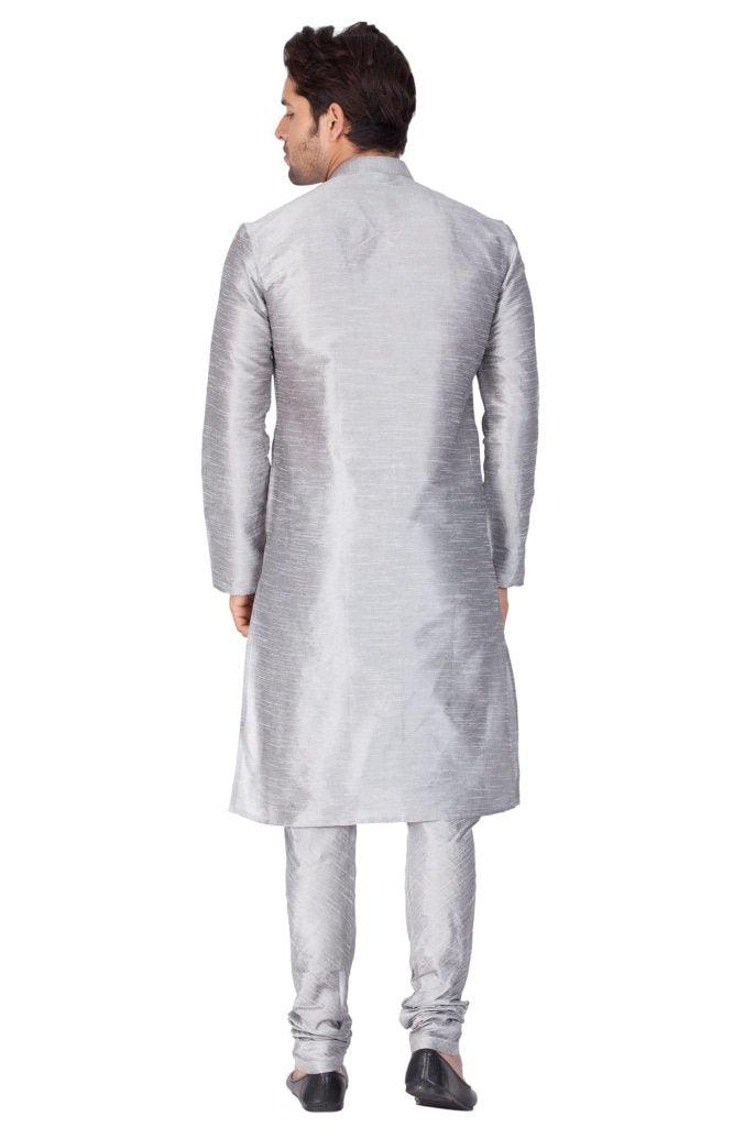 Men's Grey Silk Blend Kurta and Pyjama Set - Vastramay - Indiakreations