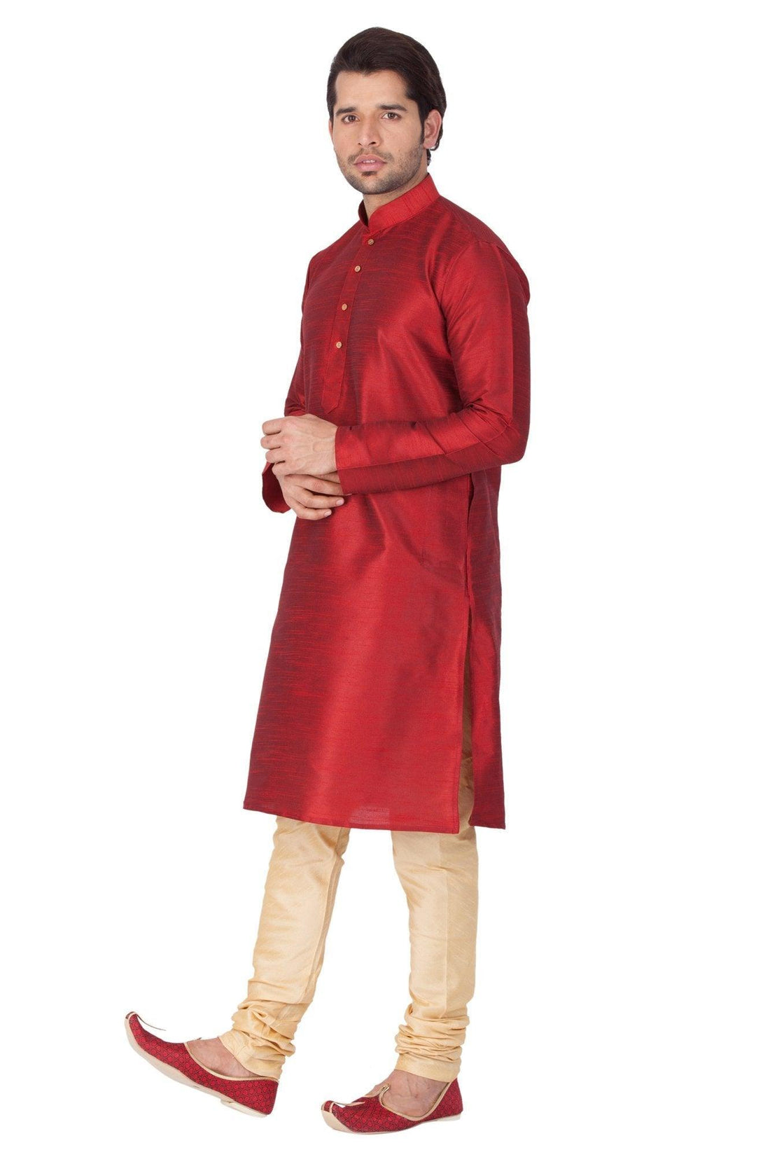 Men's Maroon Silk Blend Kurta and Pyjama Set - Vastramay - Indiakreations