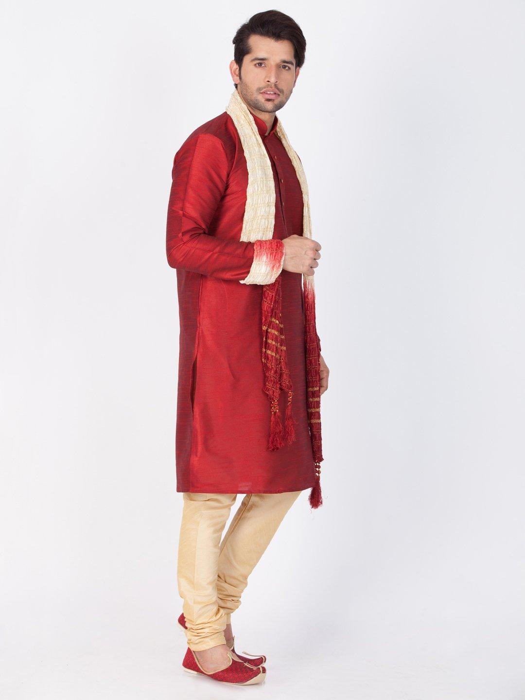 Men's Maroon Silk Blend Kurta, Pyjama & Dupatta Set - Vastramay - Indiakreations