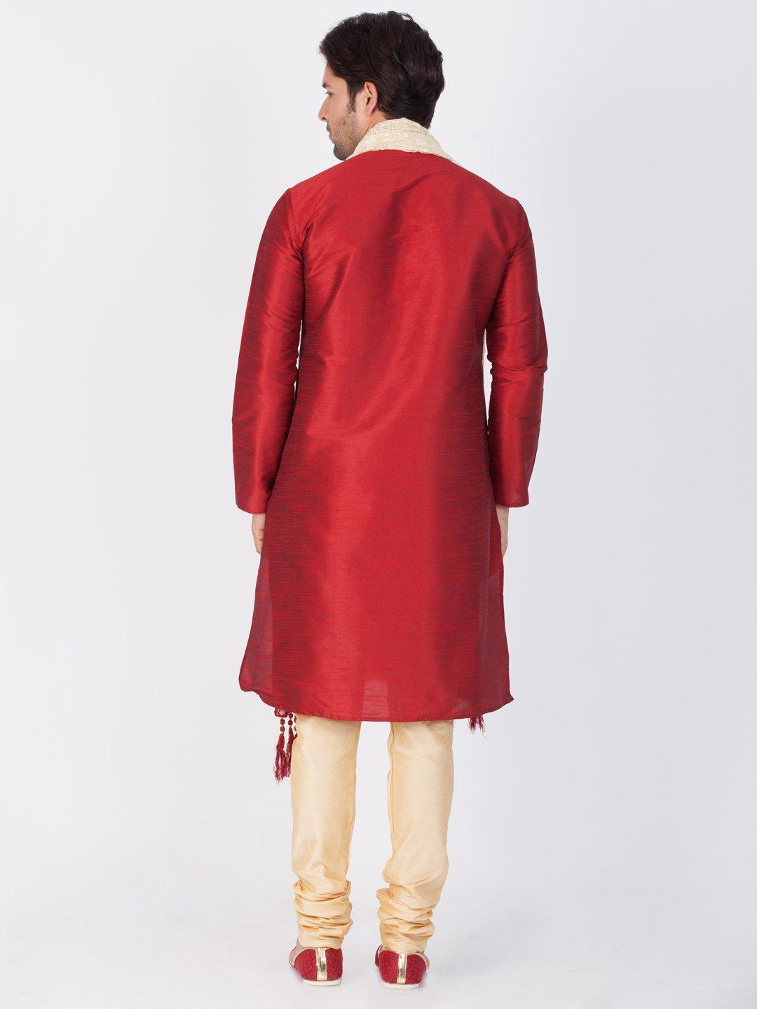 Men's Maroon Silk Blend Kurta, Pyjama & Dupatta Set - Vastramay - Indiakreations