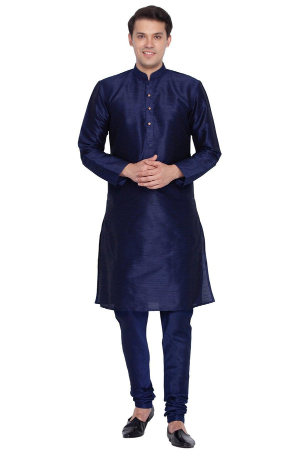 Men's Dark Blue Silk Blend Kurta and Pyjama Set - Vastramay - Indiakreations