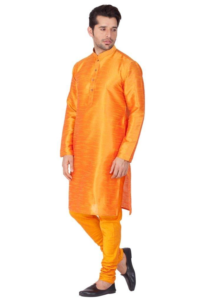 Men's Orange Silk Blend Kurta and Pyjama Set - Vastramay - Indiakreations