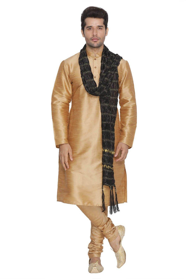 Men's Gold Silk Blend Kurta, Pyjama & Dupatta Set - Vastramay - Indiakreations