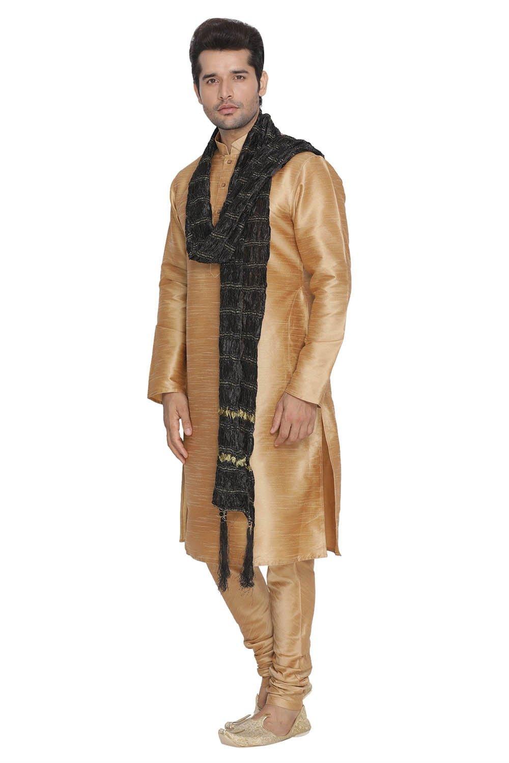 Men's Gold Silk Blend Kurta, Pyjama & Dupatta Set - Vastramay - Indiakreations