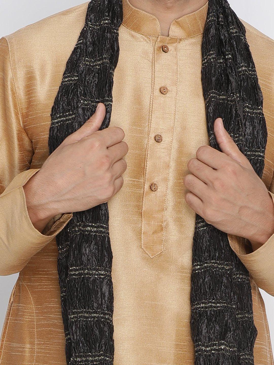 Men's Gold Silk Blend Kurta, Pyjama & Dupatta Set - Vastramay - Indiakreations