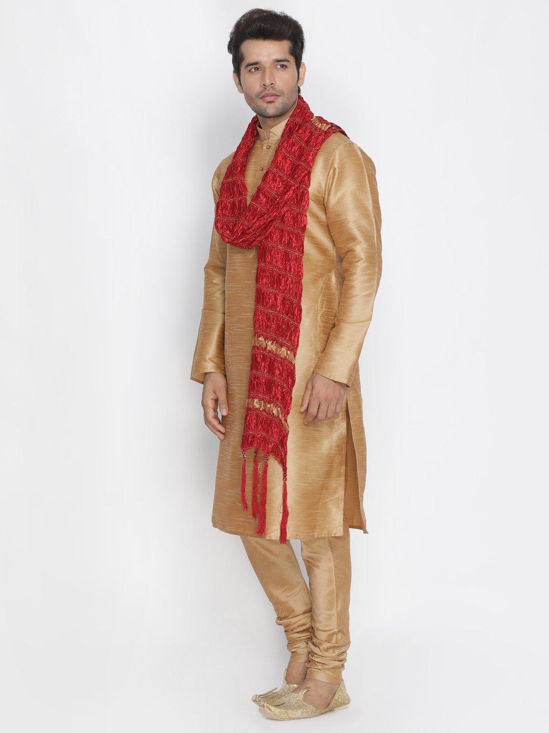 Men's Gold Silk Blend Kurta, Pyjama & Dupatta Set - Vastramay - Indiakreations