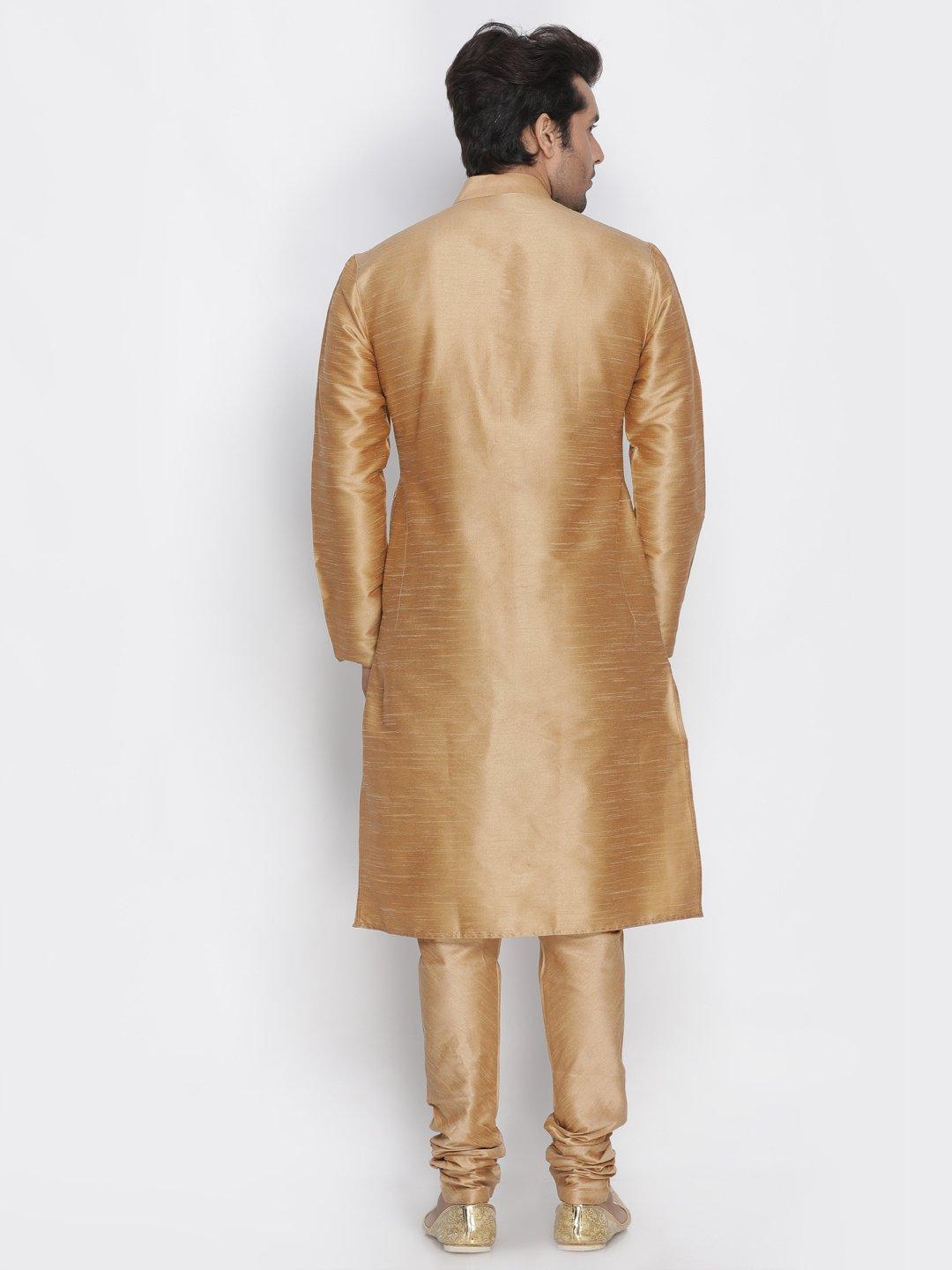 Men's Gold Silk Blend Kurta, Pyjama & Dupatta Set - Vastramay - Indiakreations