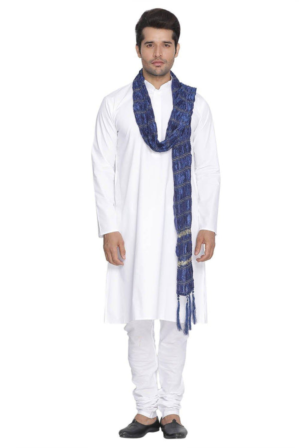 Men's White Cotton Kurta, Pyjama & Dupatta Set - Vastramay - Indiakreations