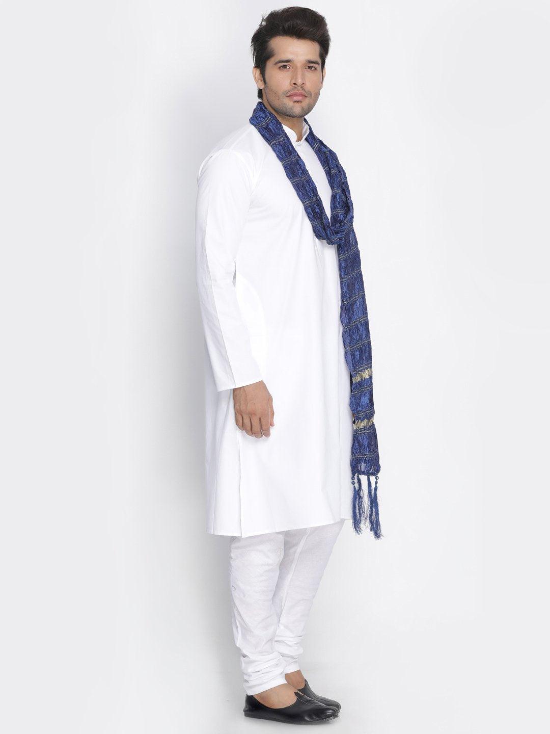 Men's White Cotton Kurta, Pyjama & Dupatta Set - Vastramay - Indiakreations