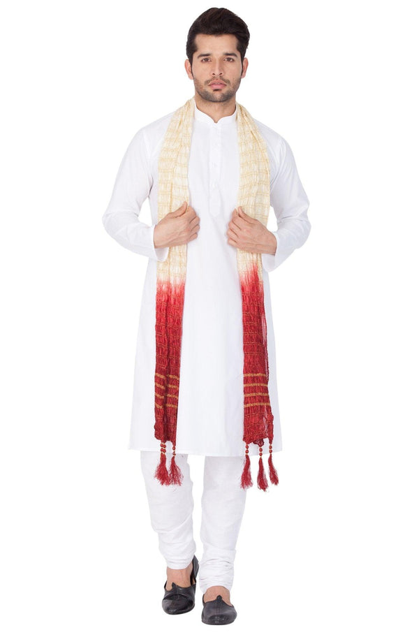 Men's White Cotton Kurta, Pyjama & Dupatta Set - Vastramay - Indiakreations