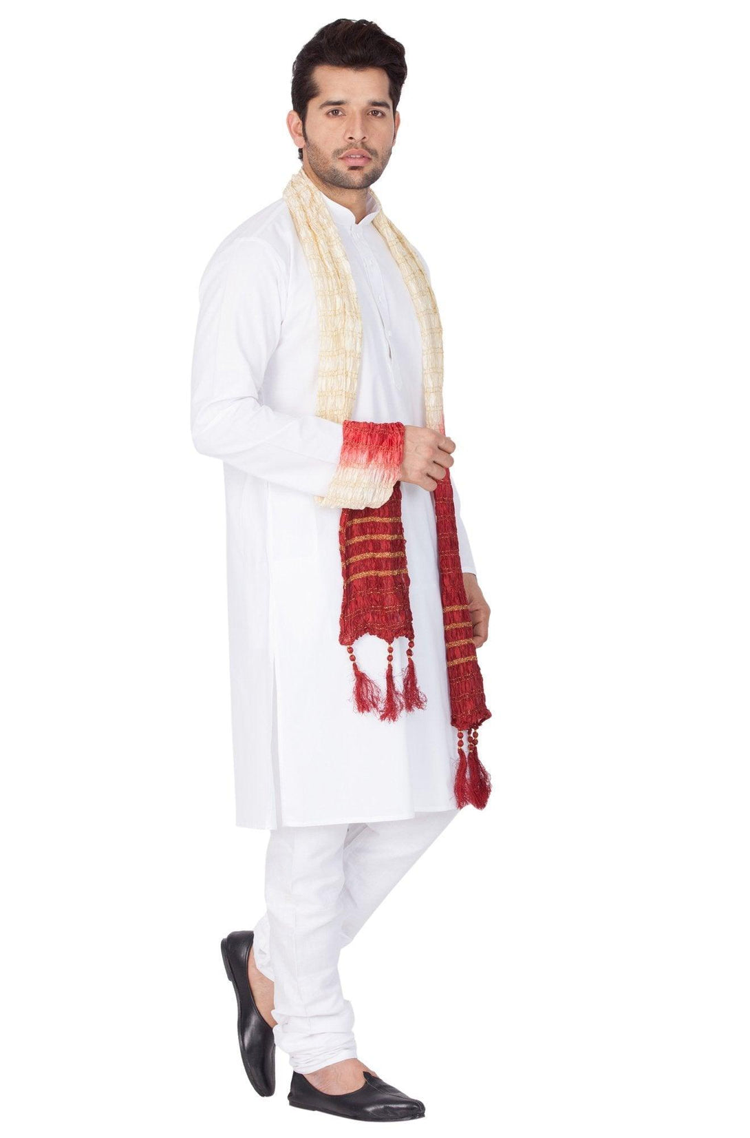 Men's White Cotton Kurta, Pyjama & Dupatta Set - Vastramay - Indiakreations