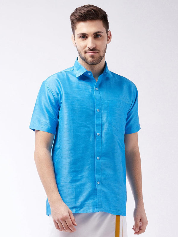 Men's Aqua Blue Silk Blend Ethnic Shirt - Vastramay - Indiakreations