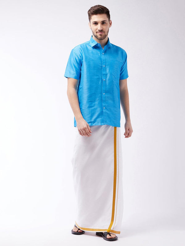 Men's Aqua Blue And White Silk Blend Shirt And Mundu - Vastramay - Indiakreations