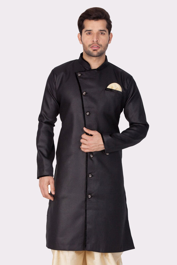 Men's Black Cotton Silk Blend Sherwani Only Top - Vastramay