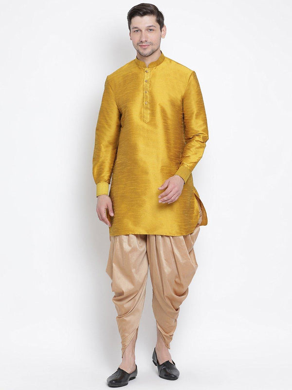 Men's Yellow Silk Blend Kurta and Dhoti Pant Set - Vastramay - Indiakreations