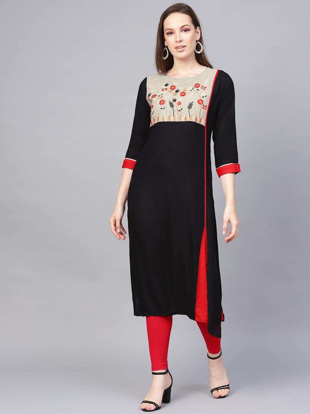 Black Floral Yoke Design Straight Kurta - Indiakreations