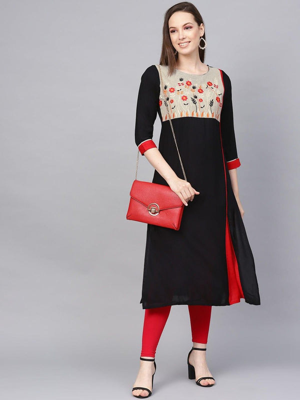 Black Floral Yoke Design Straight Kurta - Indiakreations