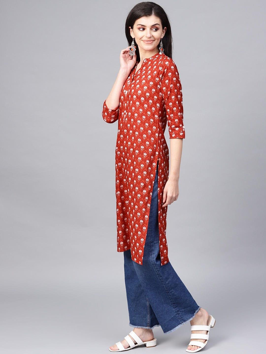 Red & White Printed Straight Ikat Kurta - Indiakreations