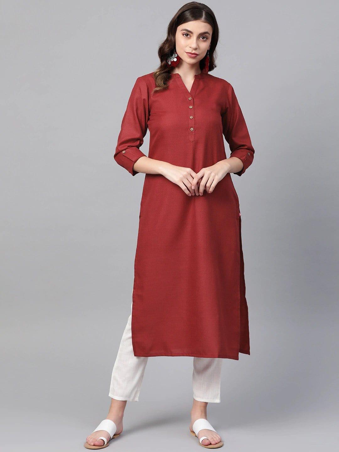 KSUT Maroon Solid Straight Kurta - Indiakreations