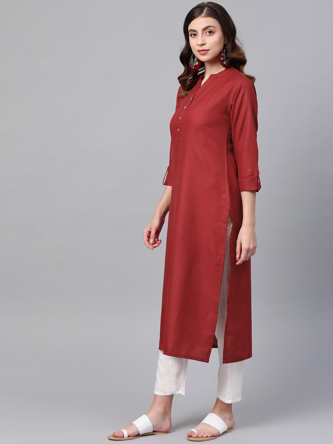 KSUT Maroon Solid Straight Kurta - Indiakreations