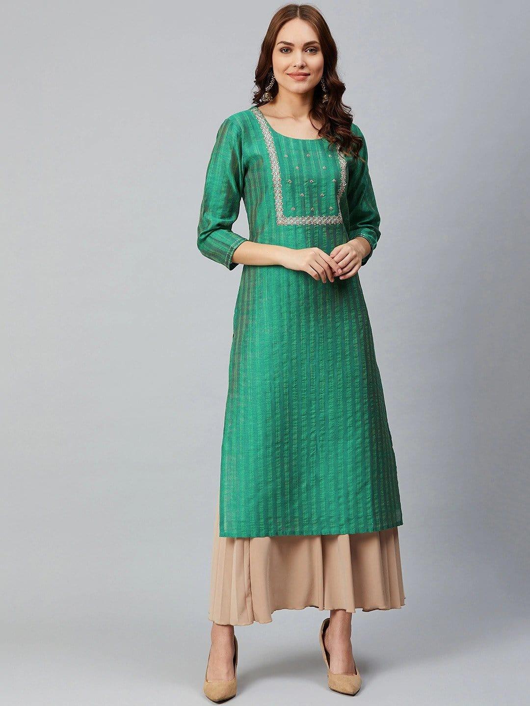 KSUT Green Striped Straight Kurta - Indiakreations