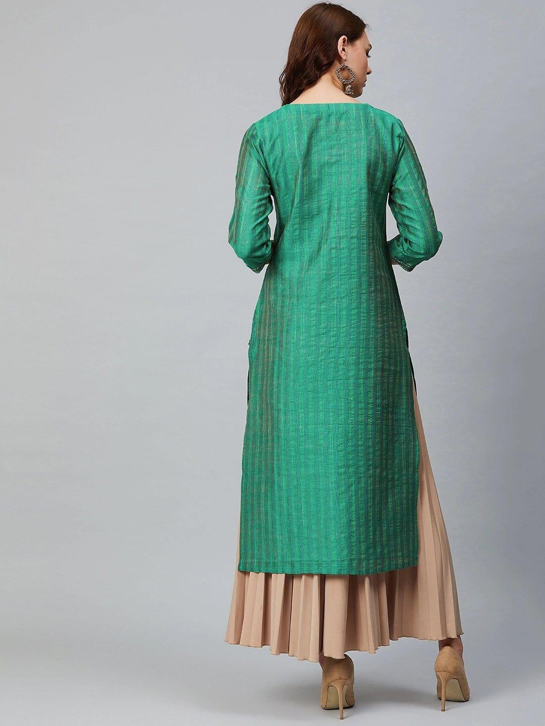 KSUT Green Striped Straight Kurta - Indiakreations