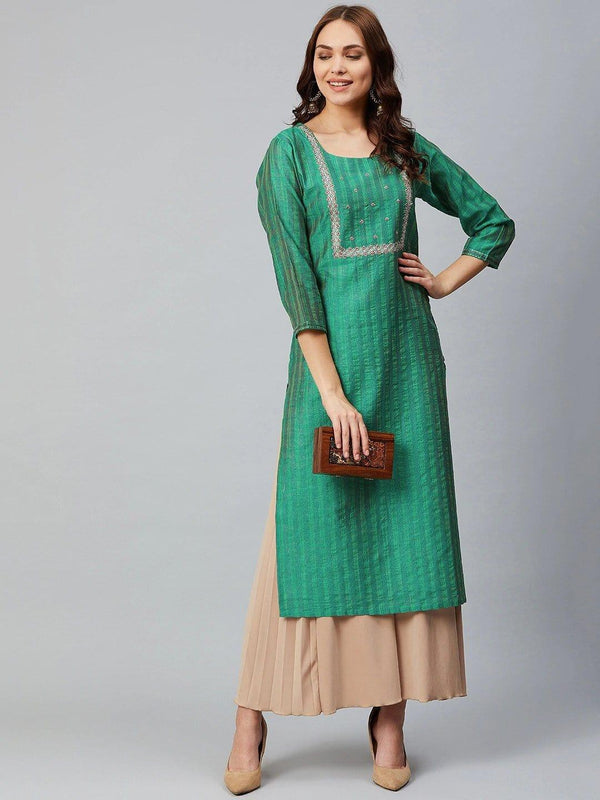 KSUT Green Striped Straight Kurta - Indiakreations