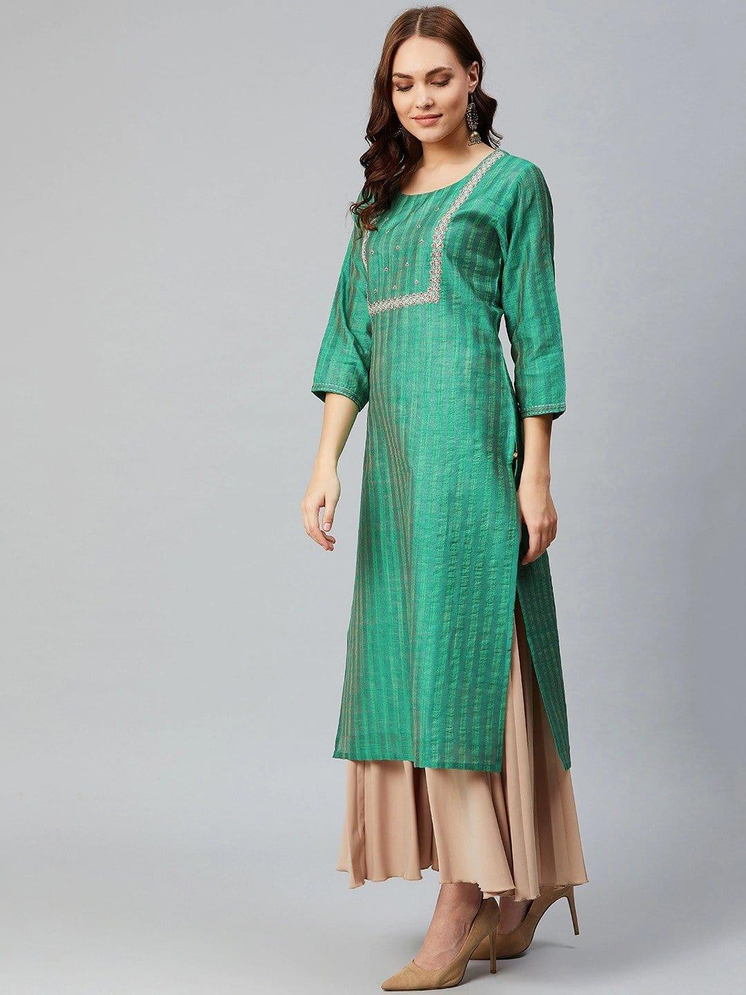 KSUT Green Striped Straight Kurta - Indiakreations