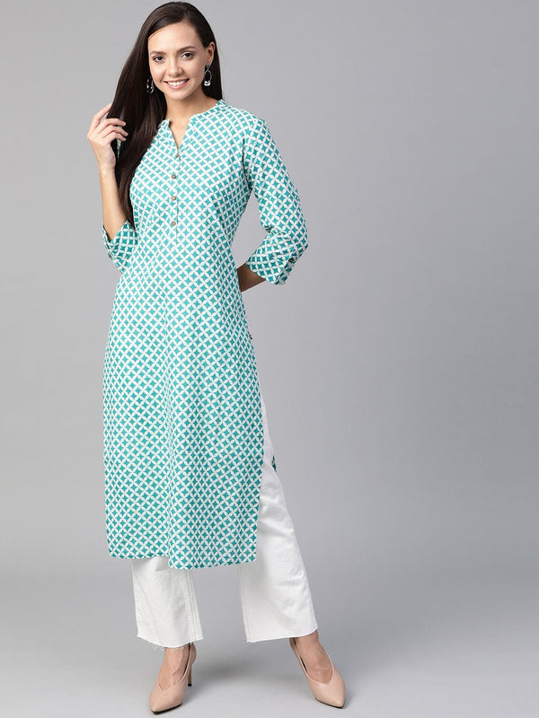 Women's KSUT Green & Off-White Printed Straight Kurta - Varanga