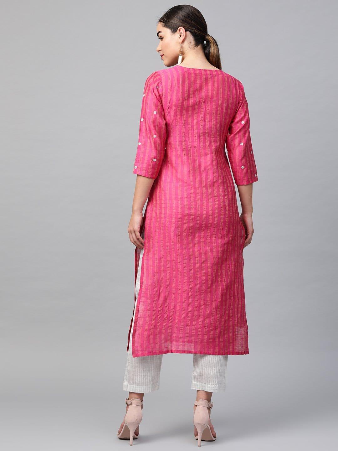 KSUT Pink & Grey Striped Kurta with Trousers - Indiakreations