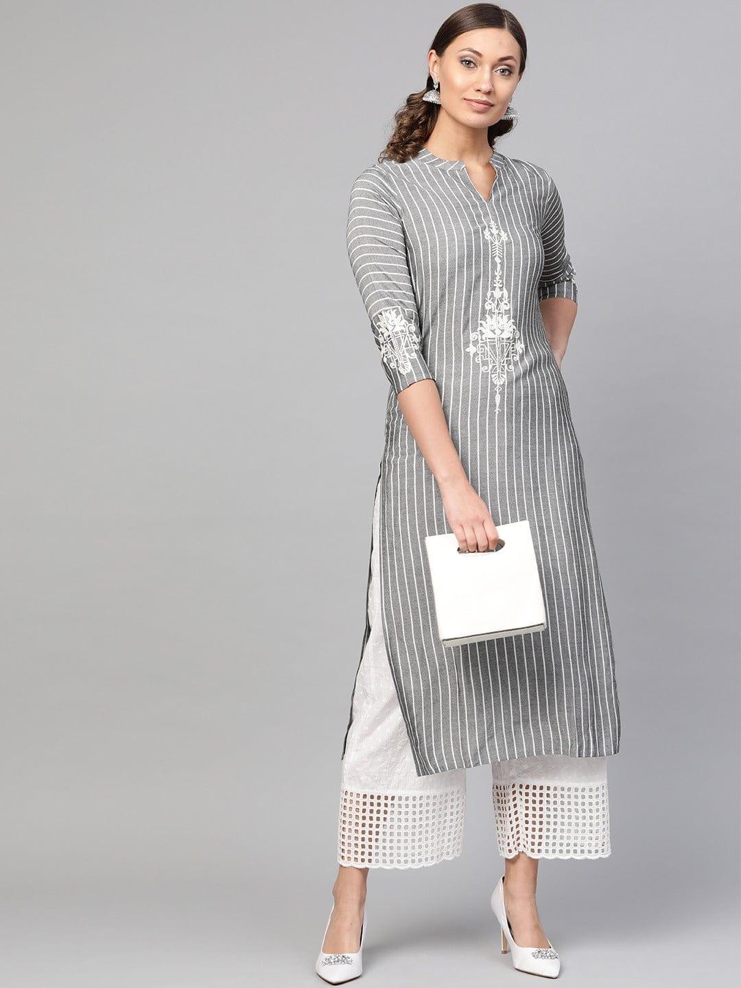 KSUT Grey & White Striped Straight Kurta - Indiakreations