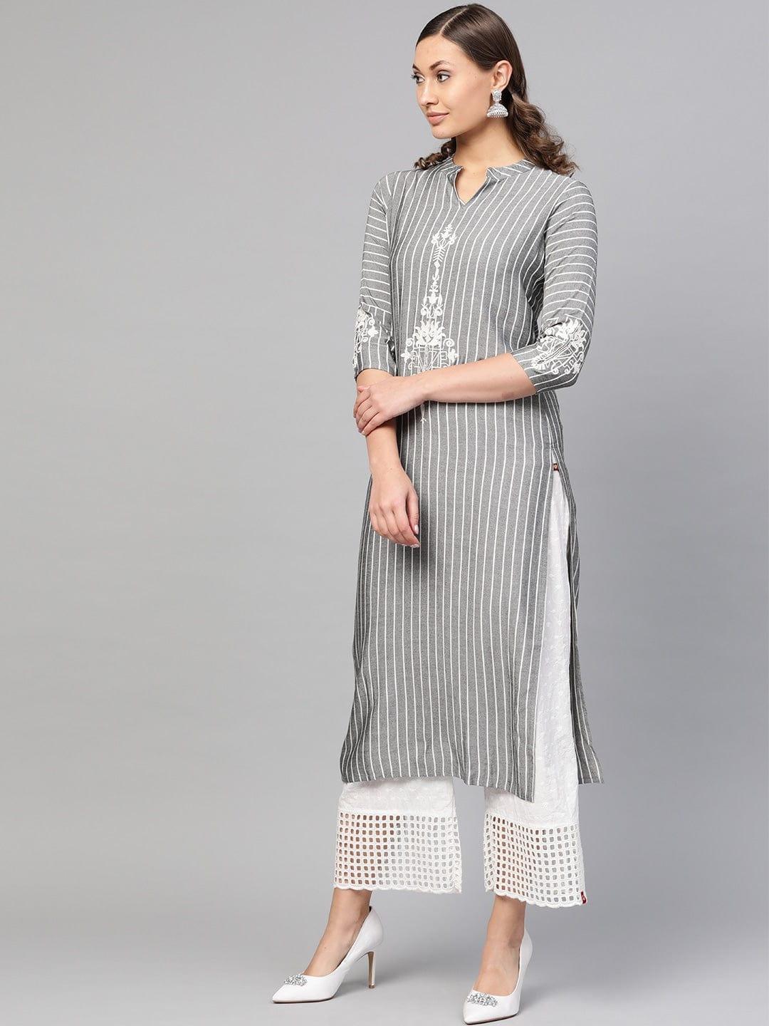 KSUT Grey & White Striped Straight Kurta - Indiakreations