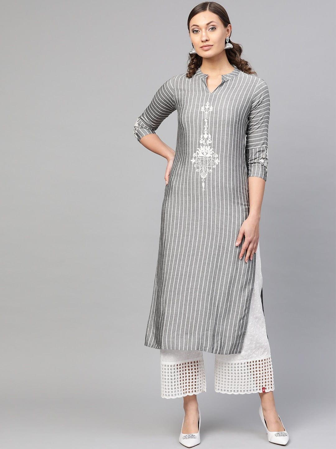 KSUT Grey & White Striped Straight Kurta - Indiakreations