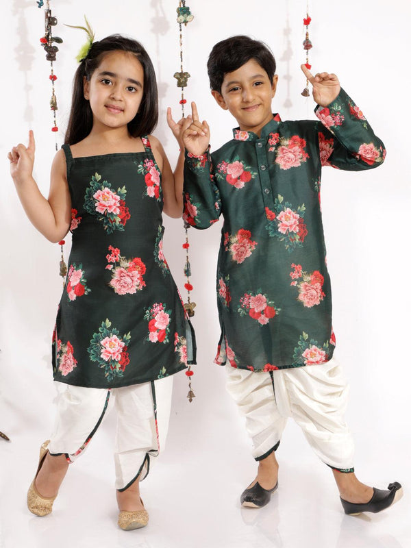 Boy's Multicolor-Base-Green Cotton Blend Kurta and Dhoti Set & Girl's Floral Printed Cotton Silk Kurta And Tulip Pants - Vastramay - Indiakreations