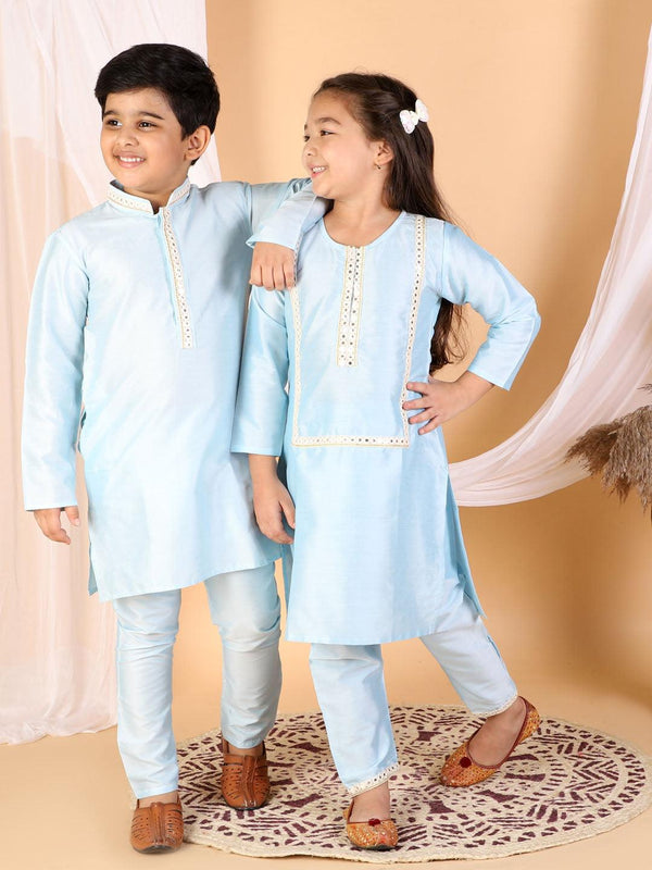 Boy's Aqua Kurta And Pyjama & Girl's Mirror Work Viscose Kurta And Pant Set - Vastramay - Indiakreations