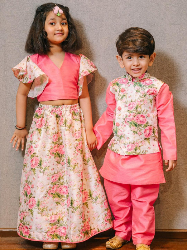 Boy's Floral Printed  Jacket, Kurta and Pyjama Set & Girl's Printed Silk Blend Ruffled Crop Top And Skirt Set - Vastramay - Indiakreations