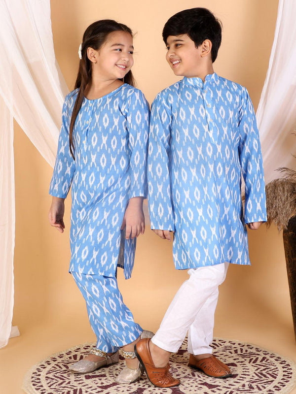 Boy's Aqua Blue And White Ikkat Kurta Pyjama Set & Girl's Aqua Blue Kurta And Pant Set - Vastramay - Indiakreations