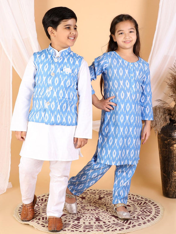 Boy's Aqua And White Jacket, Kurta and Pyjama Set & Girl's Aqua Blue Kurta And Pant Set - Vastramay - Indiakreations