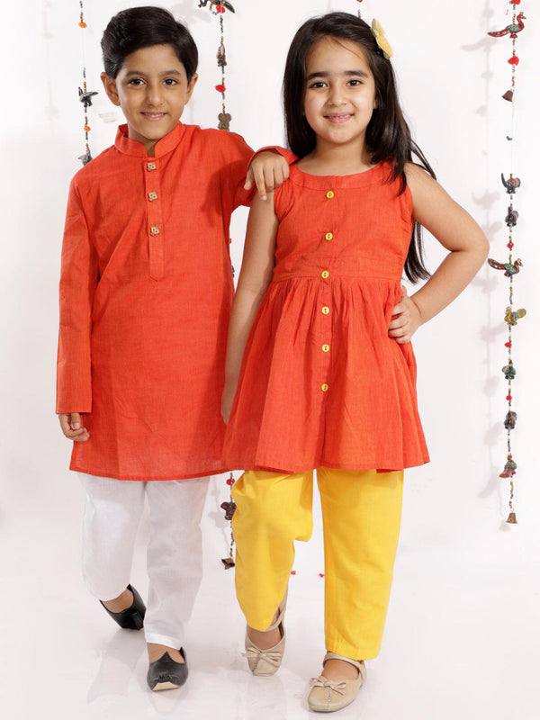 Boy's Red and White Pure Cotton Kurta Pyjama Set & Girl's Handloom Cotton Kurta And Straight Pant Set - Vastramay - Indiakreations